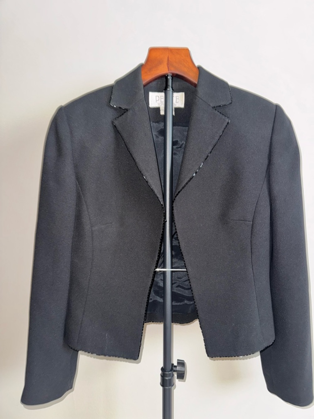 Vintage Black Cropped Beaded Blazer | Minimalist Tailored Petite Jacket |
